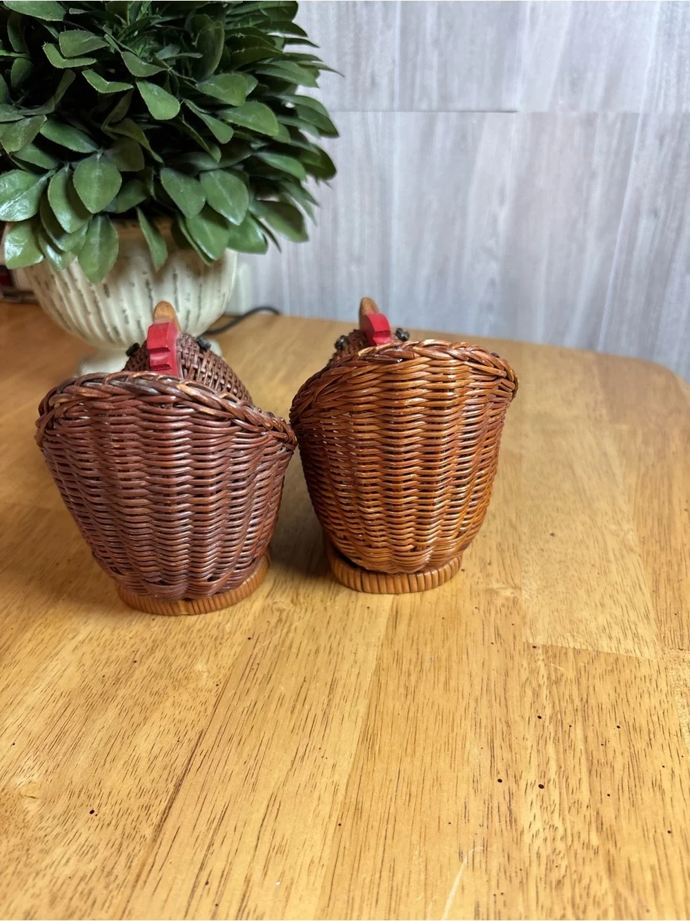 Vintage Pair of Mini Woven Wicker Chicken Baskets with Red Wooden Combs